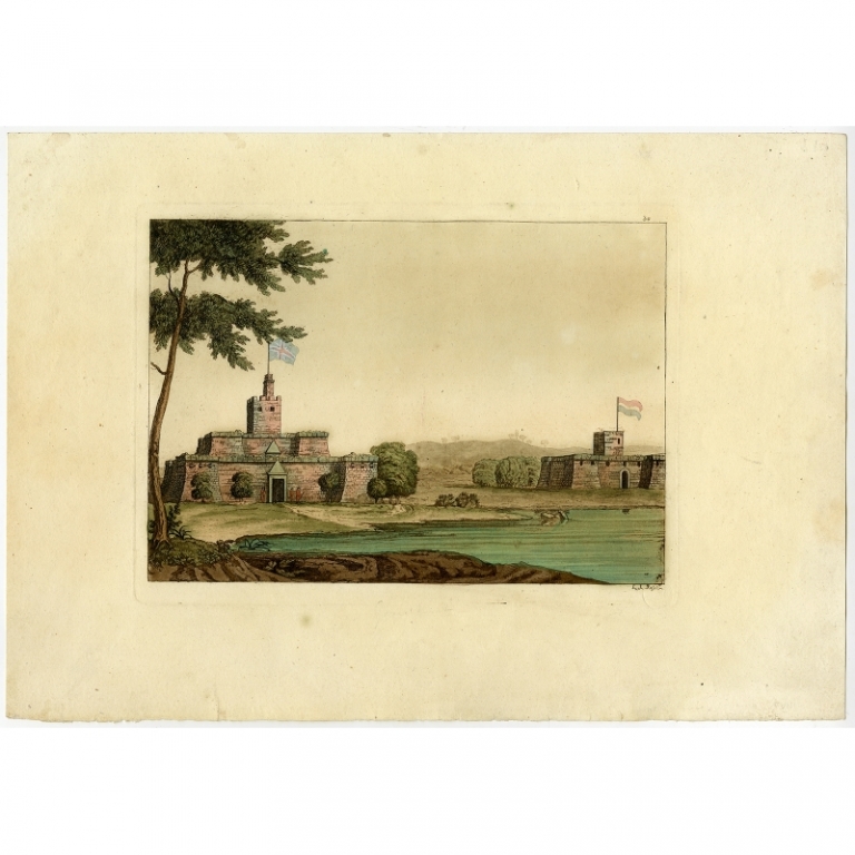 Antique Print with a coastal view with two forts by Rossins (1827)