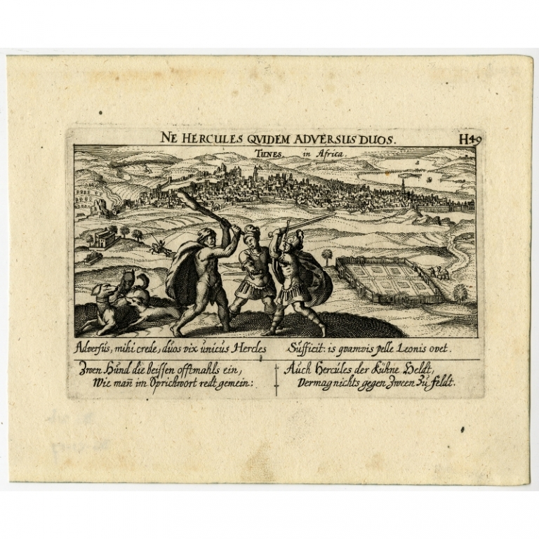Antique Print of Hercules and Tunis by Meisner & Kieser (c.1630)