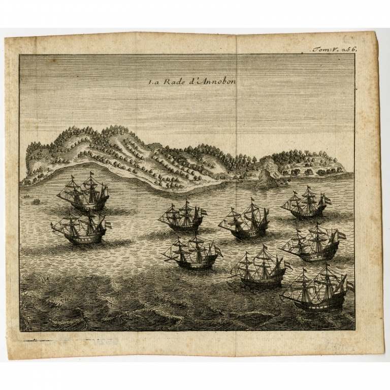 Antique Print of the coast and harbour of Annobon by Renneville (1702)