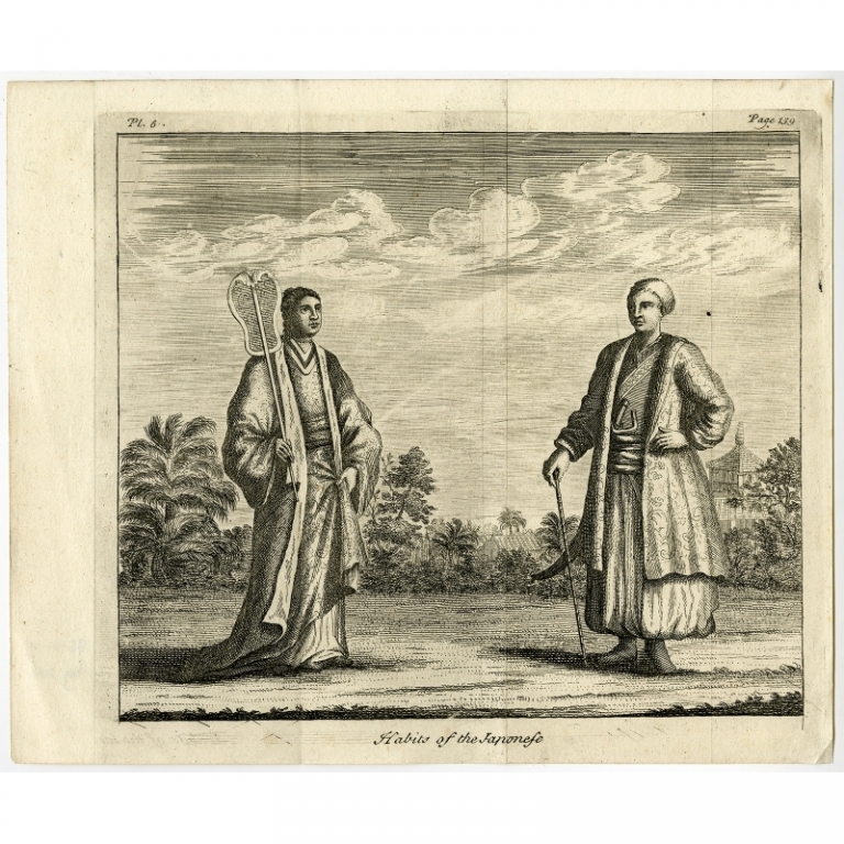 Antique Print of Figures in Japanese clothing by Salmon (c.1750)