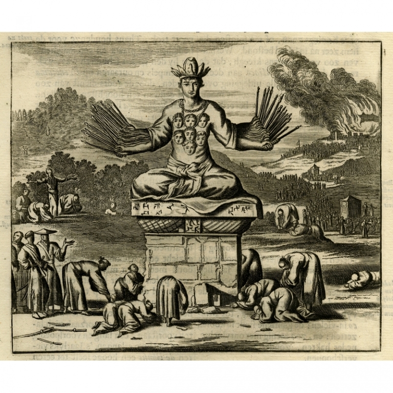 Antique Print of the Temple, Statue and Feast of Kannon by Montanus (1669)