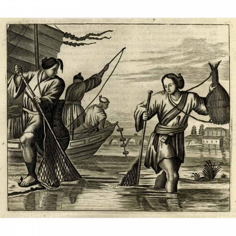 Antique Print of Japanese fishermen by Montanus (1669)
