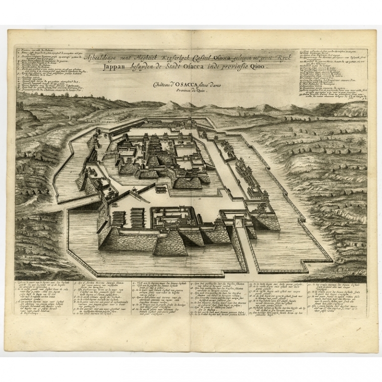 Antique Print of the Mighty Imperial Castle Osaka by Montanus (1669)