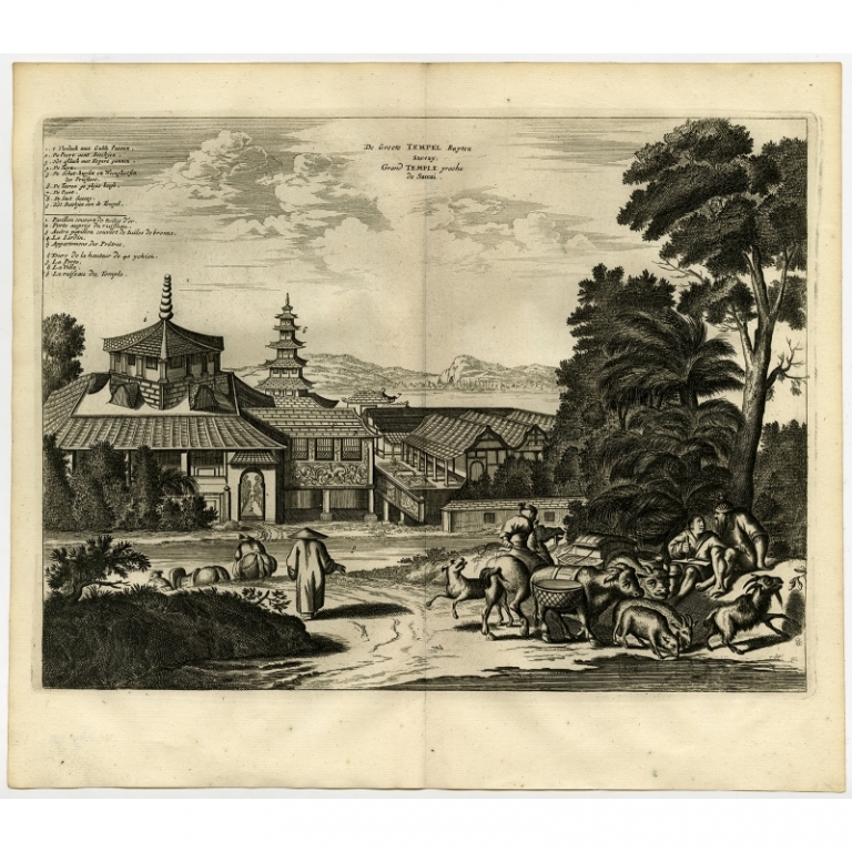Antique Print of a large Temple outside Sakai by Montanus (1669)