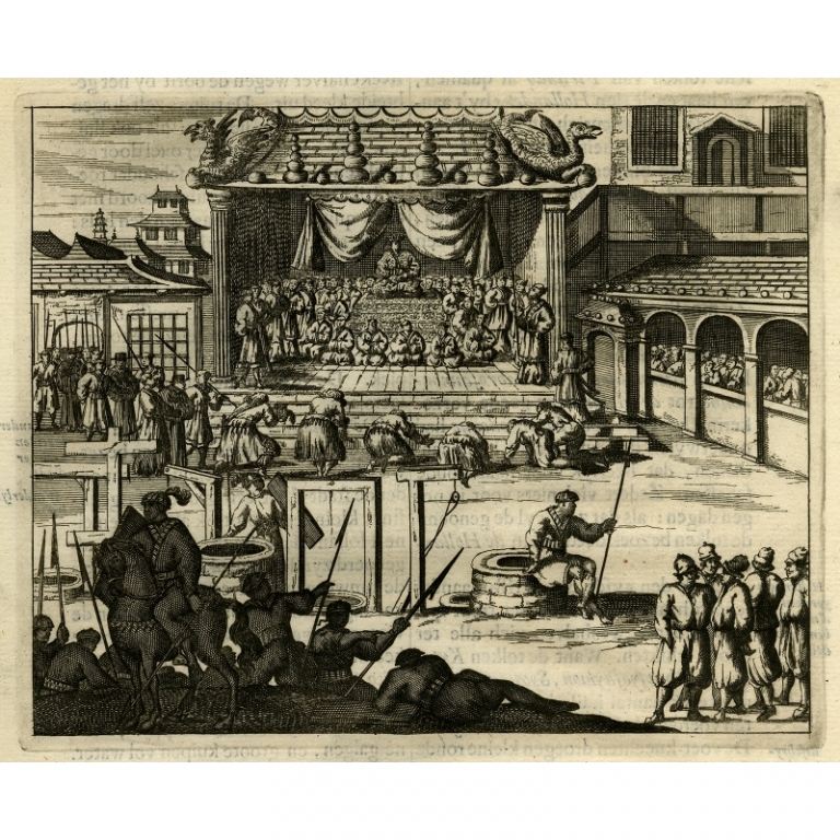 Antique Print of the captured Dutch preparing for their Death by Montanus (1669)