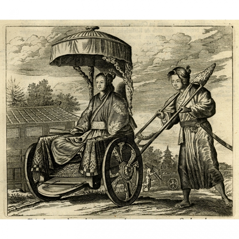 Antique Print of a Japanese Noblewoman in a Rickshaw by Montanus (1669)
