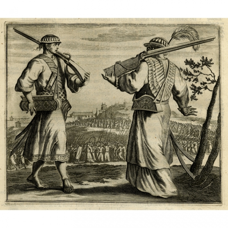 Antique Print of Clothing and weapons of Japanese soldiers by Montanus (1669)