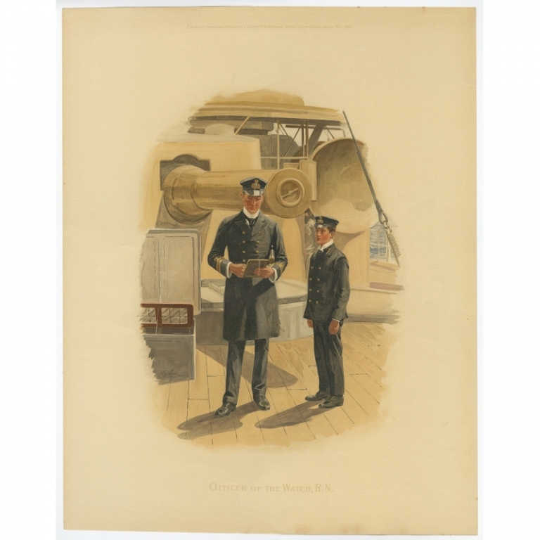 Antique Print of the Officer of the Watch on a war ship by Wollen (1902)