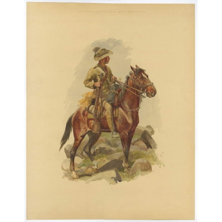 Antique Print of a Soldier on horseback in the South African Boer War by Wollen (1902)