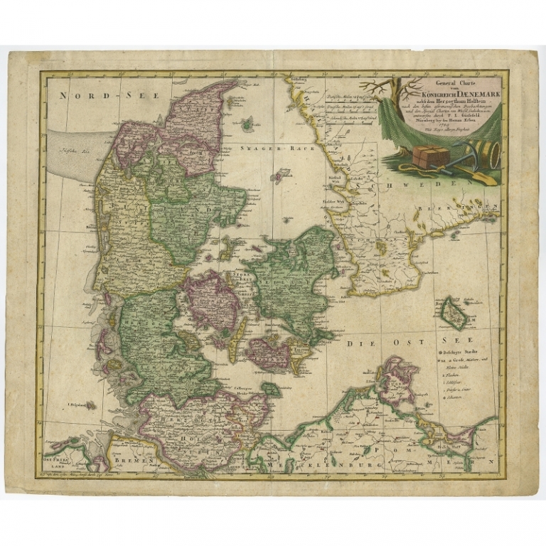Antique Map of Denmark by Gussefeld (c.1750)