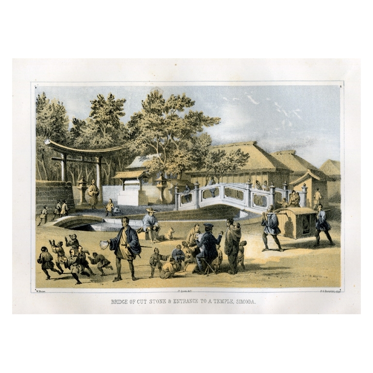 Antique Print of a Temple in Shimoda by Hawks (1856)