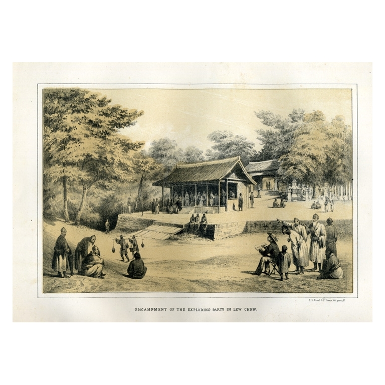 Antique Print of an Encampment on the Ryukyu Islands by Hawks (1856)