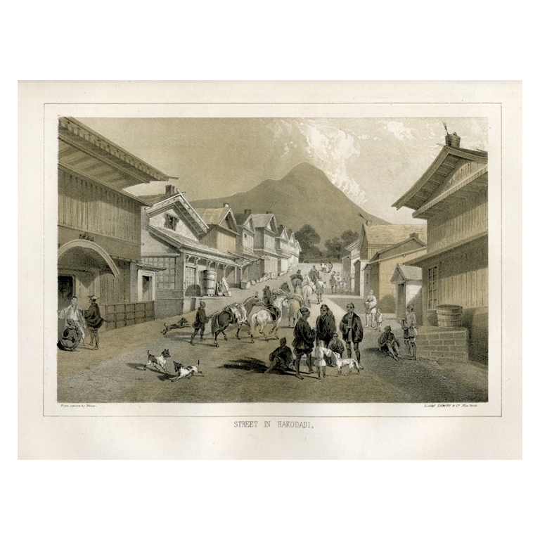 Antique Print of a Street in Hakodate by Hawks (1856)
