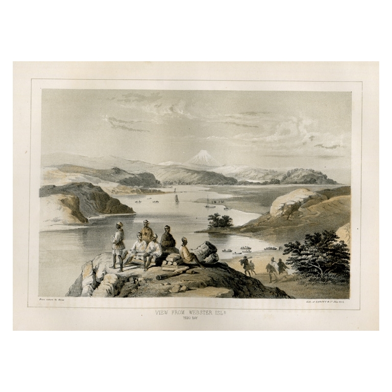 Antique Print of Webster Island and Mount Fuji by Hawks (1856)