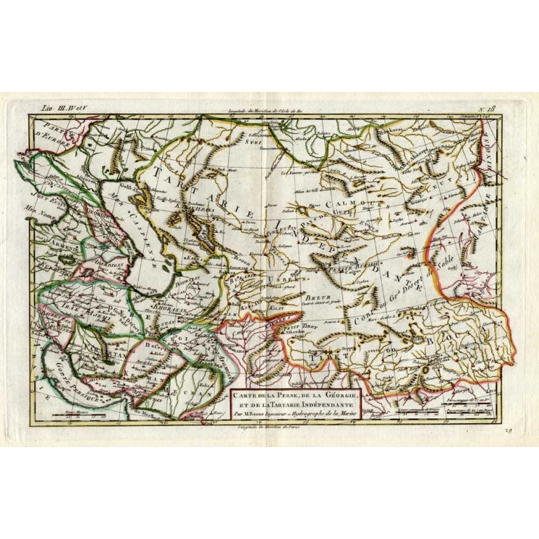 Antique Map of Persia, Georgia and Kazakhstan by Bonne (c.1780)
