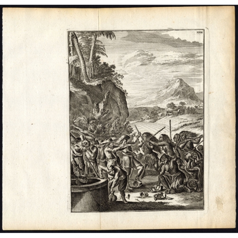 Antique Print of the Attack of the women of Jentynen by Schouten (1708)