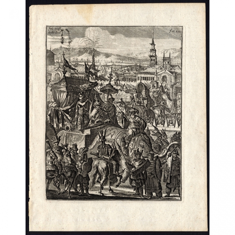Antique Print of the King of Arrakan by Schouten (1708)