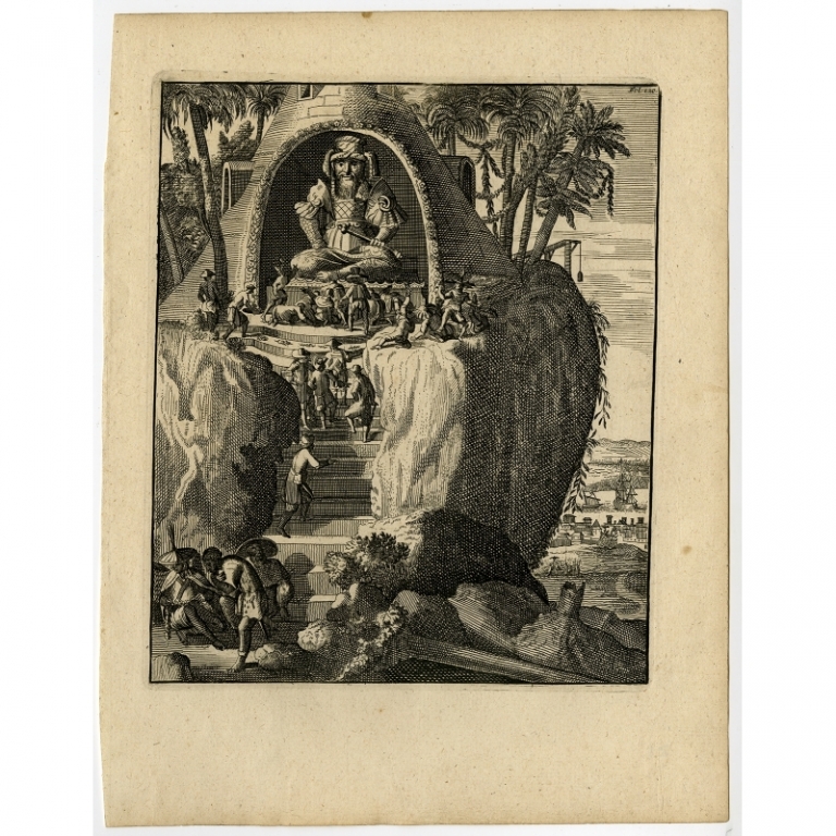 Antique Print of a Temple and Idol by Schouten (1708)