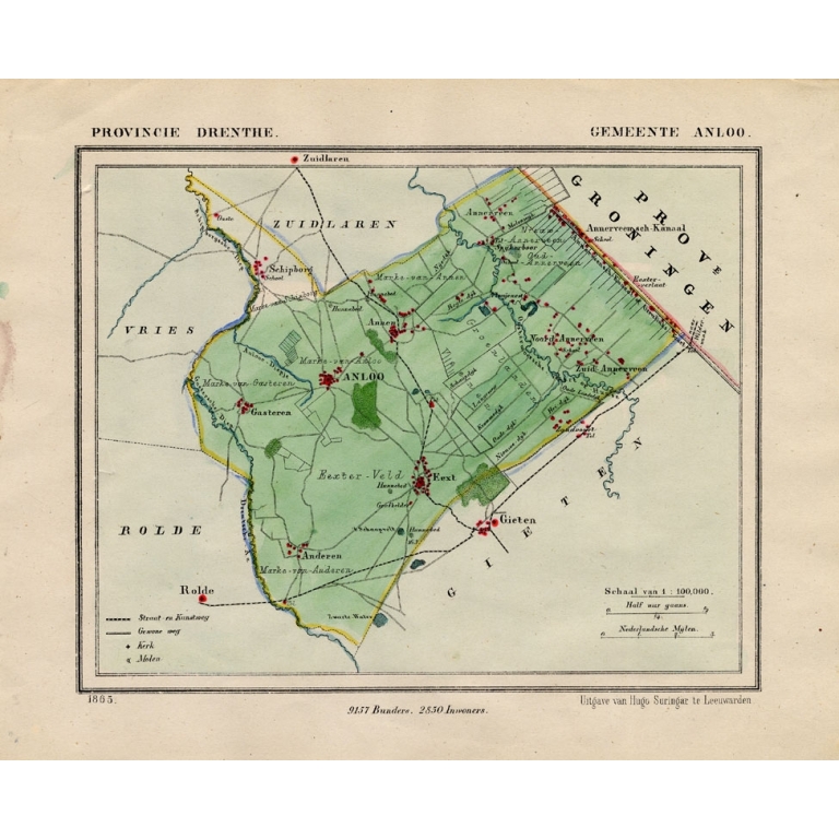 Antique Map of the Township of Anloo by Kuyper (1865)