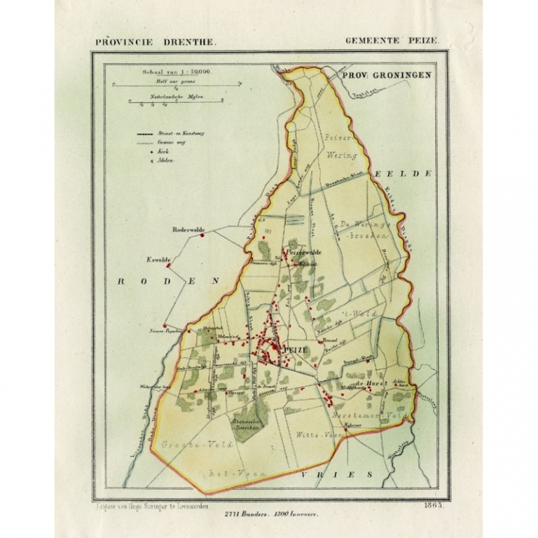 Antique Map of the Township of Peize by Kuyper (1865)