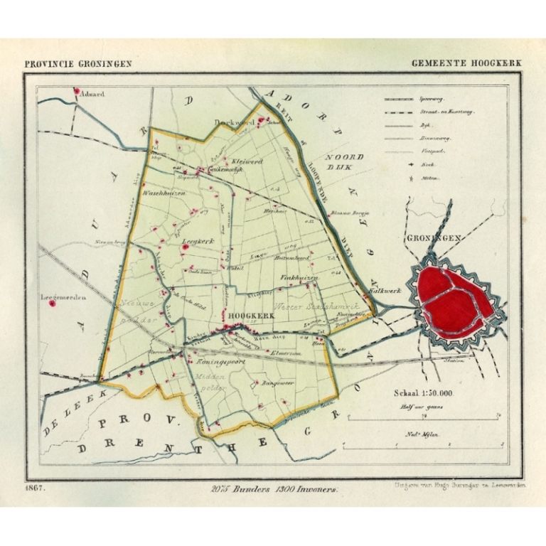 Antique Map of the Township of Hoogkerk by Kuyper (1865)