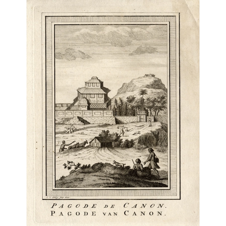 Antique Print of the Pagoda of Canon by Van Schley (1750)