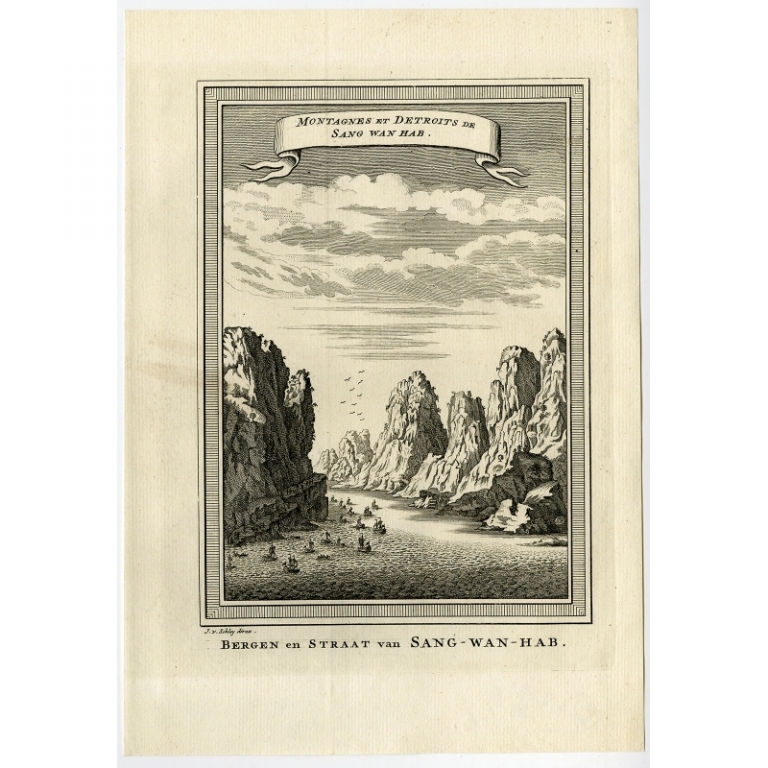 Antique Print of the Mountains and Strait of Sang Wan Hab by Van Schley (1749)