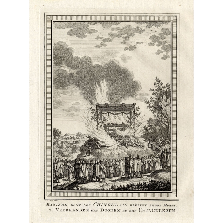 Antique Print of how the Sinhalese burn their dead by Van Schley (1750)
