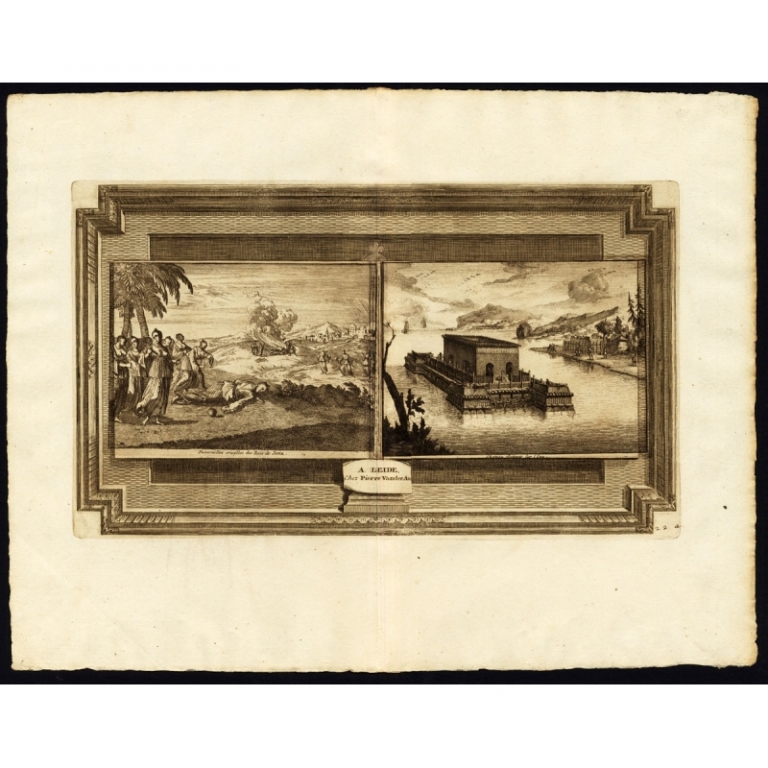 Antique Print of Funerals and a Castle by Van der Aa (1725)