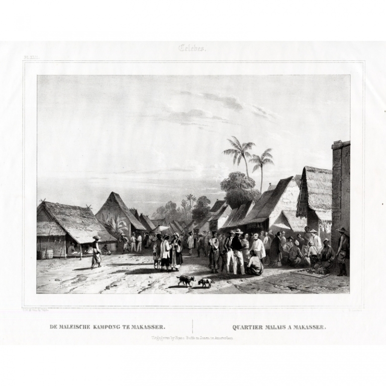 Antique Print of a Malayan Quarter in Makassar by Van de Velde (1844)