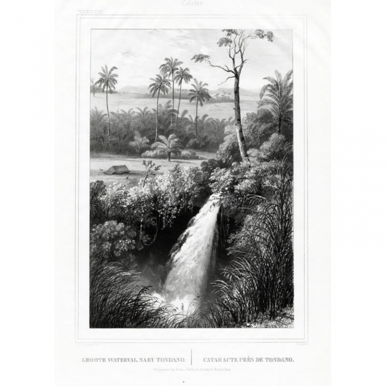 Antique Print of a Waterfall near Tondano by Van de Velde (1844)