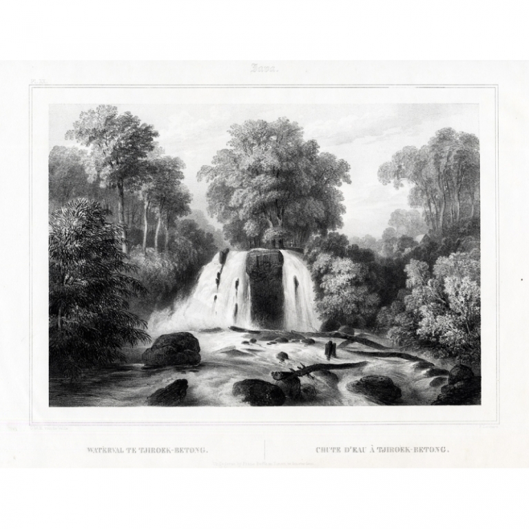 Antique Print of the Waterfall in Tjiroek-Betong by Van de Velde (1844)