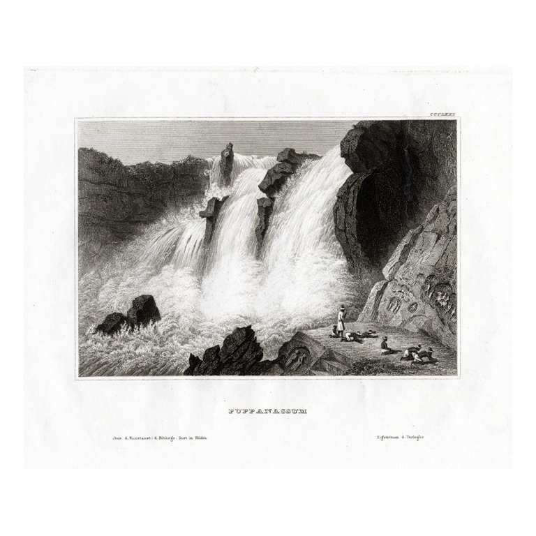 Antique Print of the Waterfall at Puppanassum by Meyer (1850)