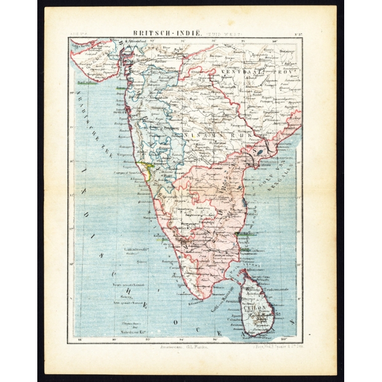 Antique Map of India and Ceylon by Kuyper (c.1880)