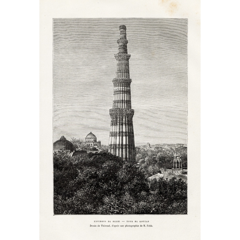 Antique Print of the Qutb Minar by Reclus (1883)