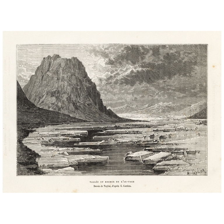 Antique Print of the Valley and Rock of the Aktach River by Reclus (1881)