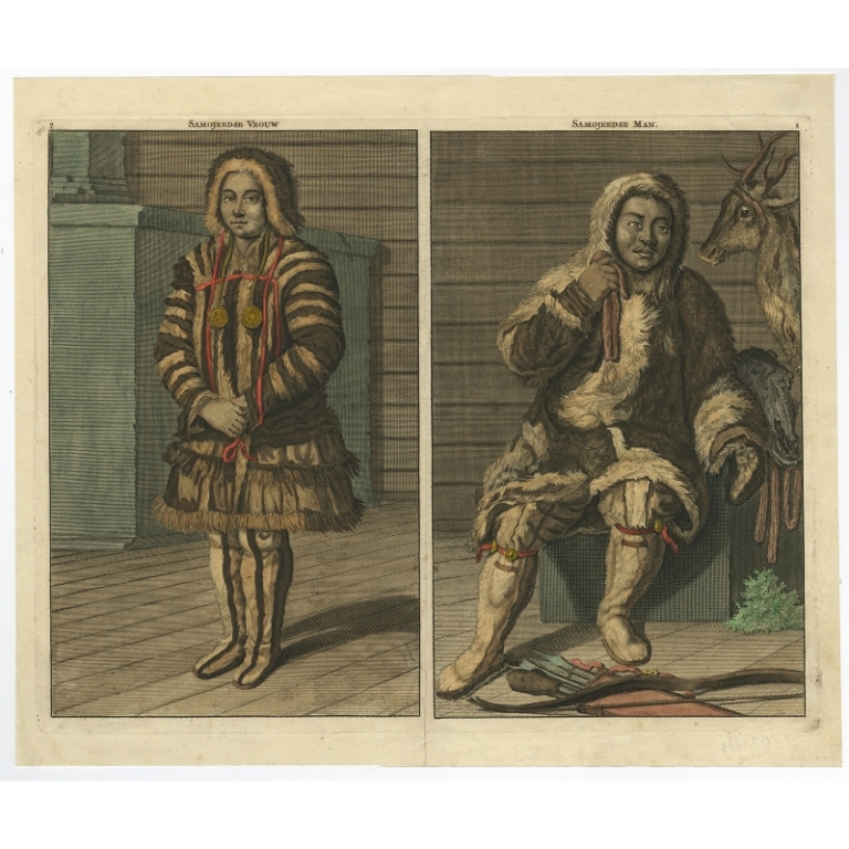 Antique Print of the costume of a Samoyedic woman and man by De Bruyn (c.1700)