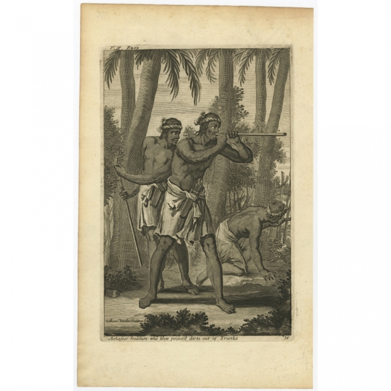 Antique Print of Makassar soldiers with blowpipes by Baldaeus (1744)