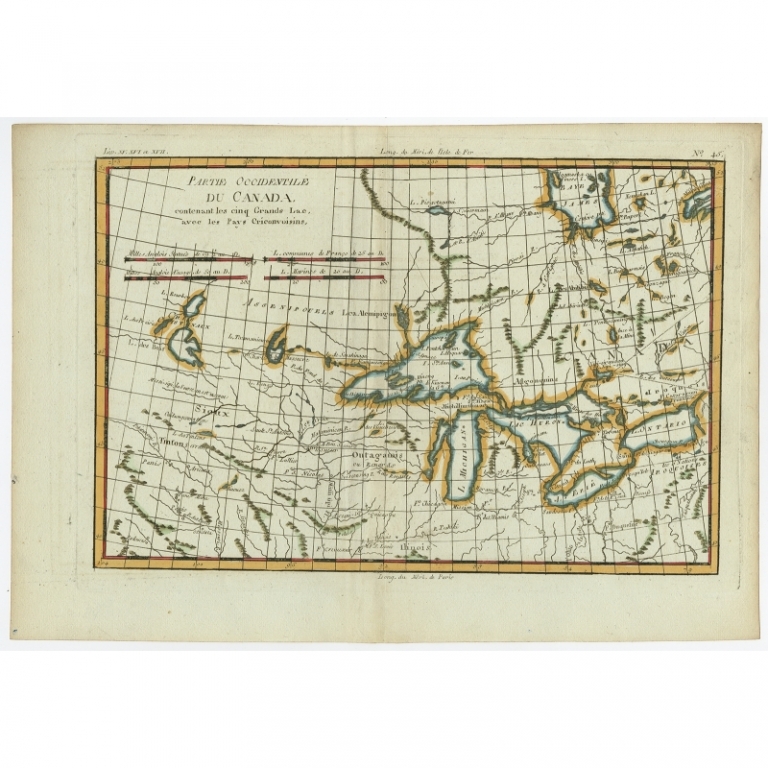 Antique Map of the Great Lakes and upper Mississippi Valley by Bonne (c.1780)