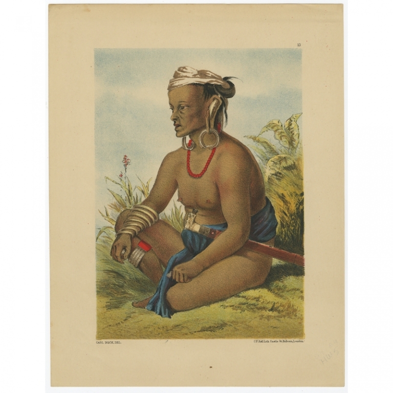 Antique Print of a Longwahau Dayak of Borneo by Kell (1881)