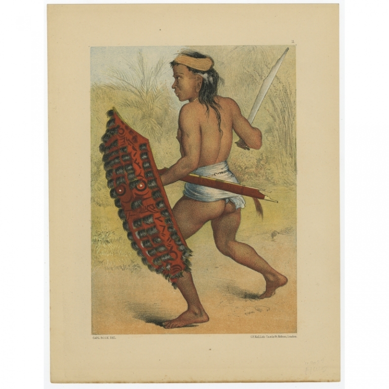 Antique Print of a Tring Dayak warrior by Kell (1881)