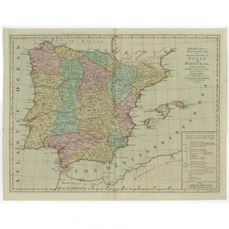 Antique Map of Spain and Portugal by Bowles (c.1780)