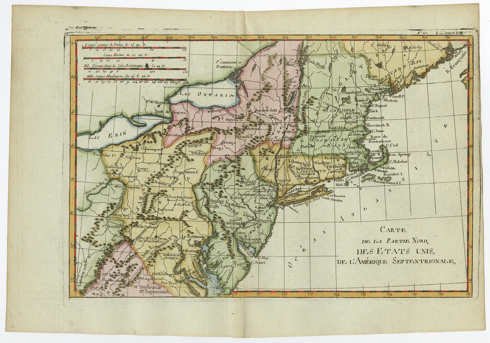 Antique Map Of The Northeastern United States By Bonne C1780 