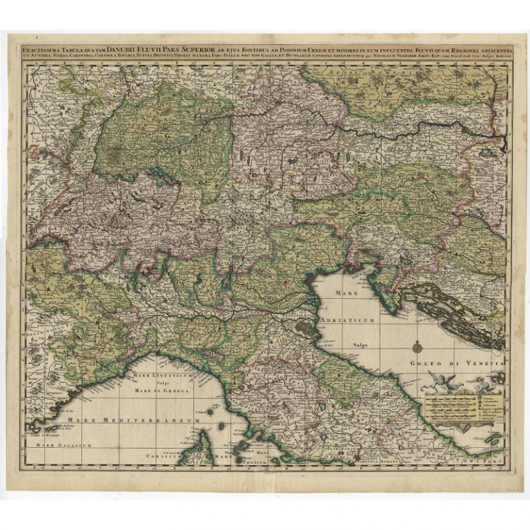 Antique Map of the Danube River and surroundings by Visscher (c.1690)