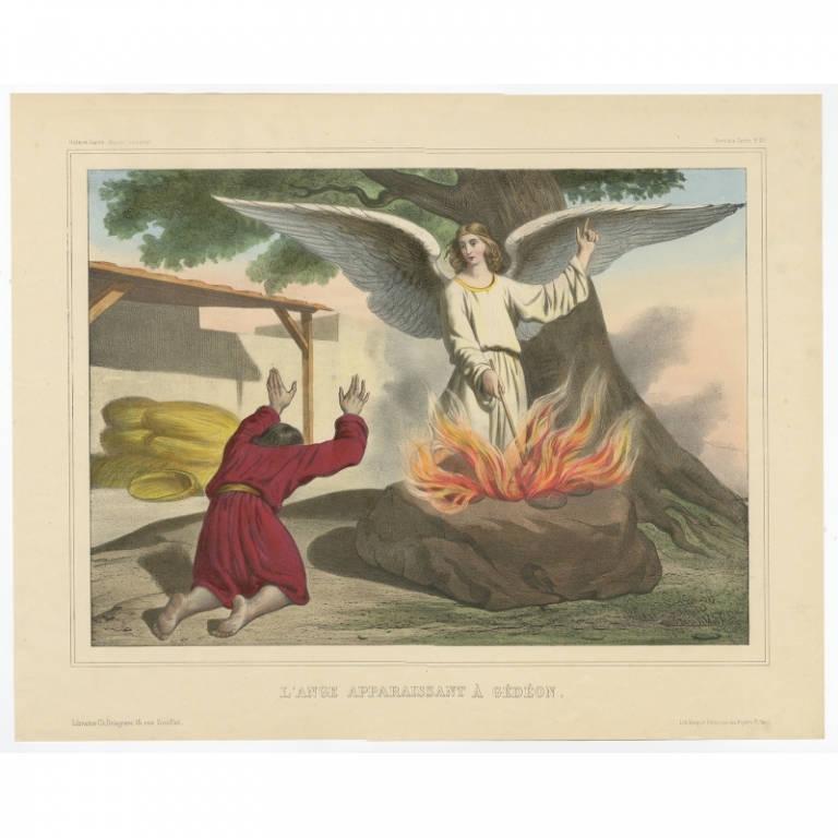 Antique Print of an Angel appearing before Gideon by Becquet (c.1840)