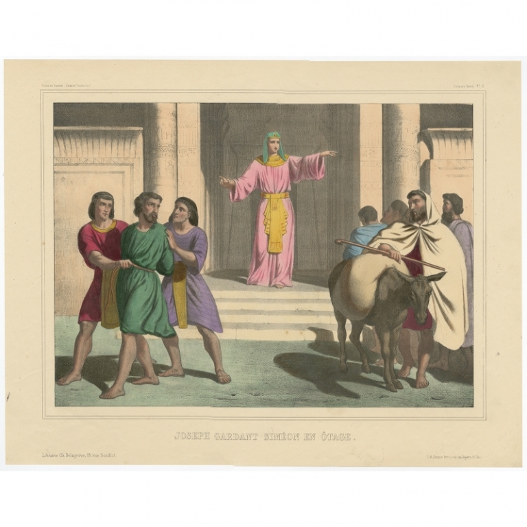 Antique Print of Joseph guarding the hostage Simeon by Becquet (c.1840)