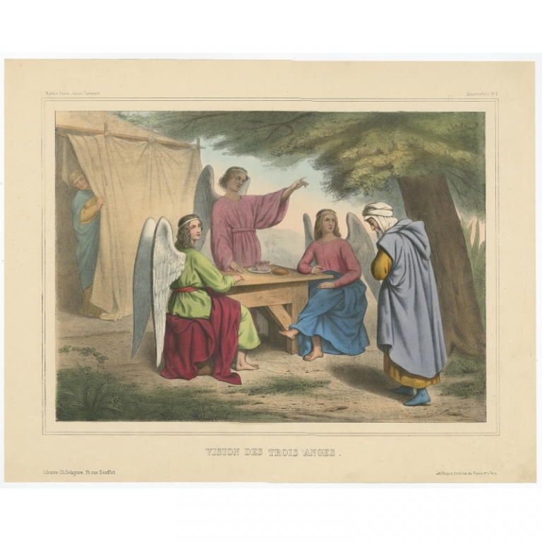 Antique Print of the vision of the three Angels by Becquet (c.1840)