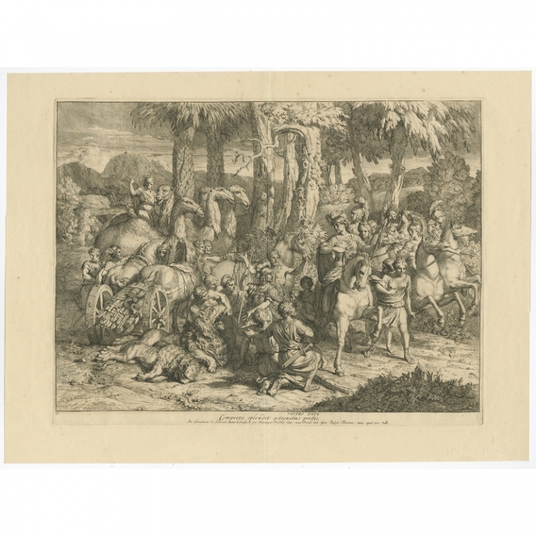 Antique Print of the Assyrian Queen Semiramis hunting lions by De Lairesse (c.1700)