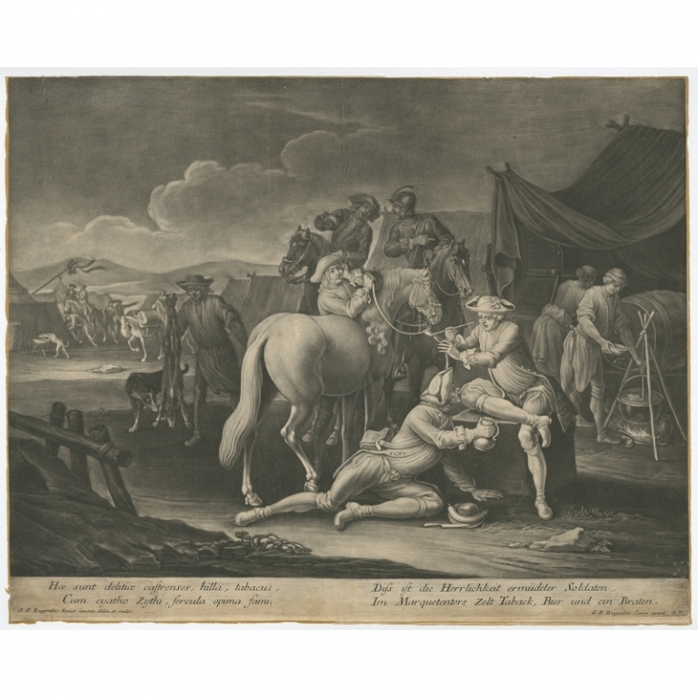 Antique Print of Soldiers taking a rest by Rugendas (c.1750)