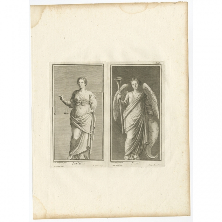 Antique Print of Justice and Fame by Pazzi (1762)